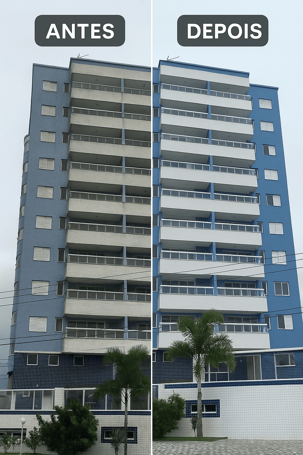 Antes e depois da limpeza de fachada predial
